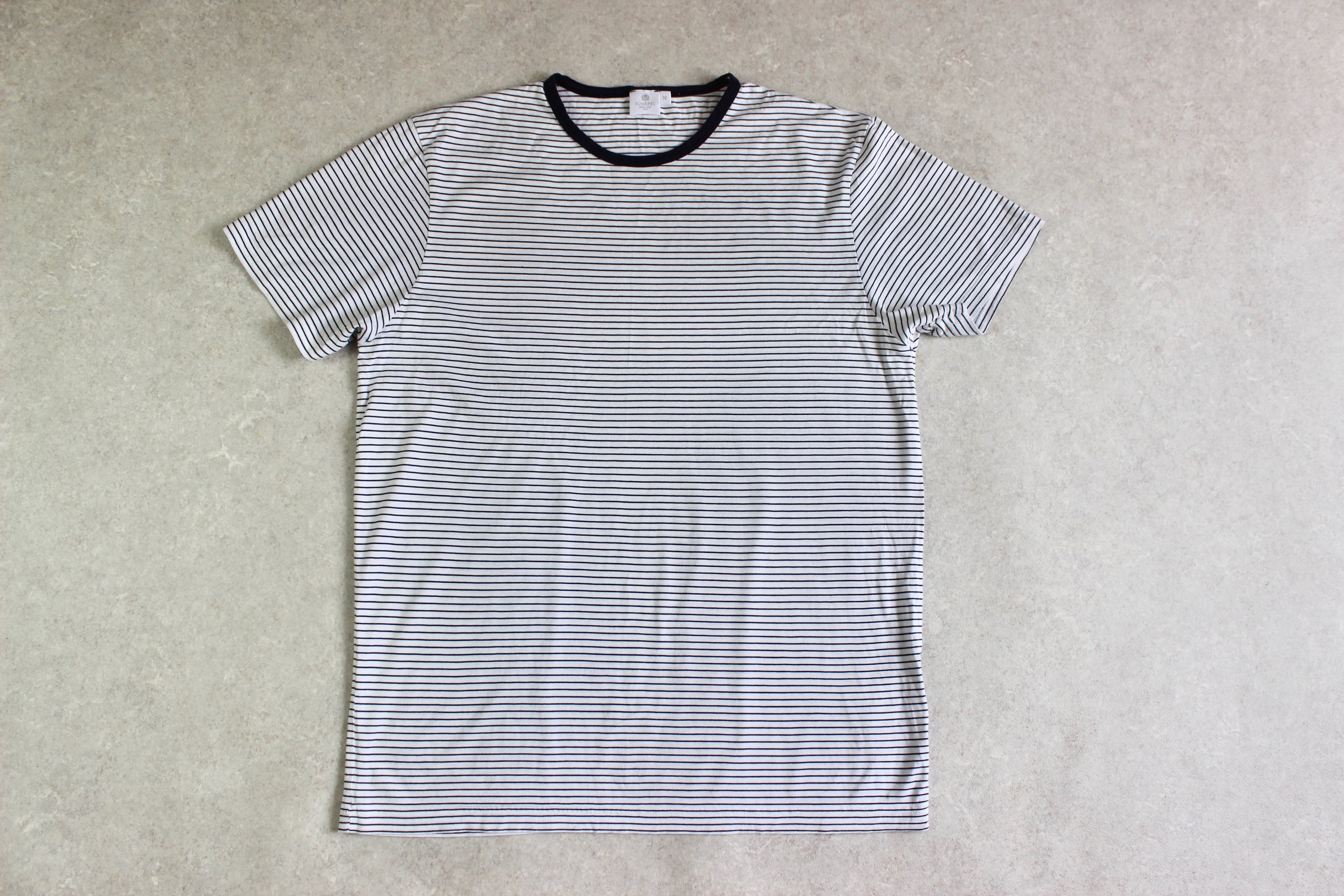 Sunspel - T Shirt - White/Navy Blue Stripe - Medium
